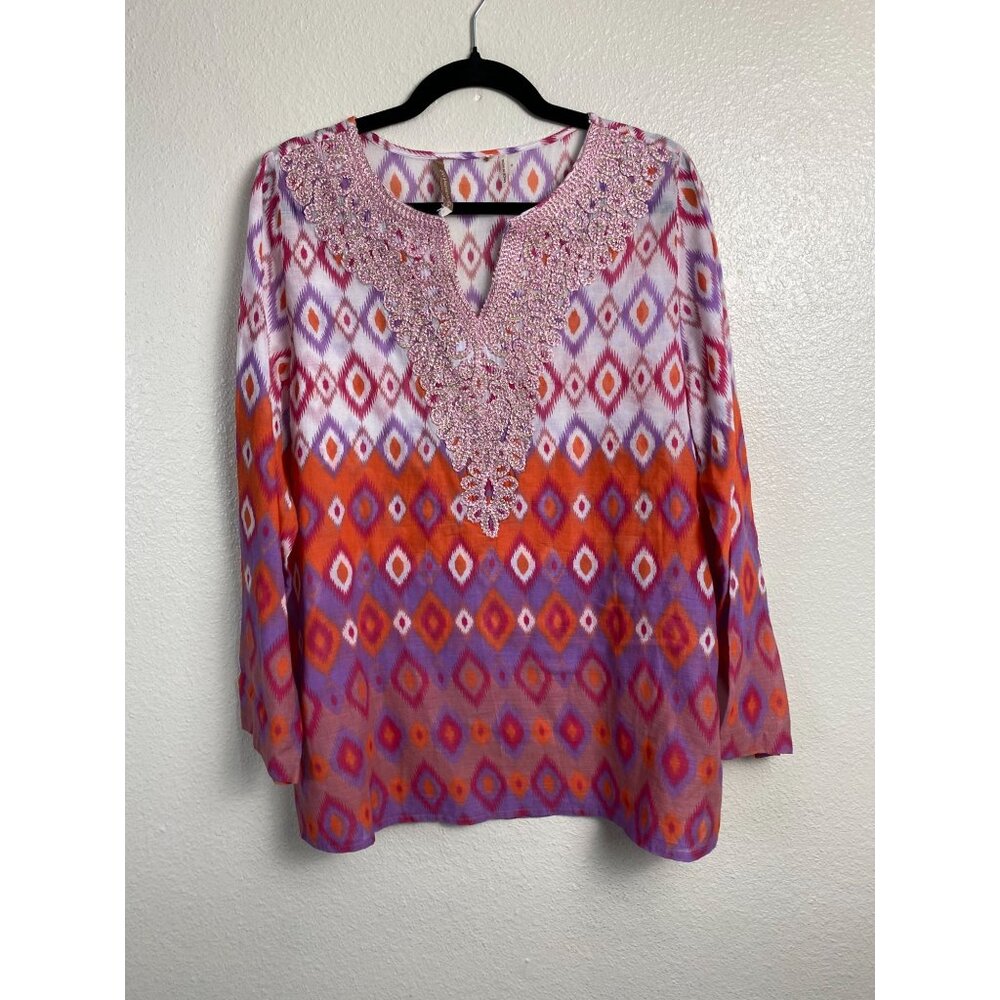 Soft Surroundings Tunic Top Women size‎ Medium Geometric Boho Artsy Flowy Aztec